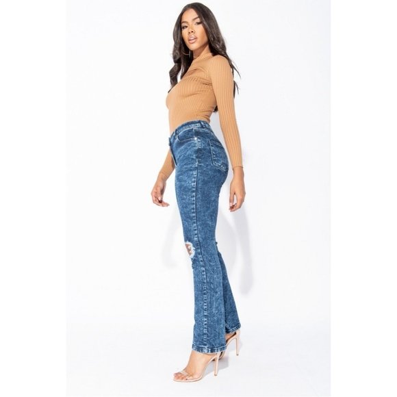 Blue Acid Wash High Waist Ripped Distressed Straight Leg Jeans Denim - Picture 4 of 13